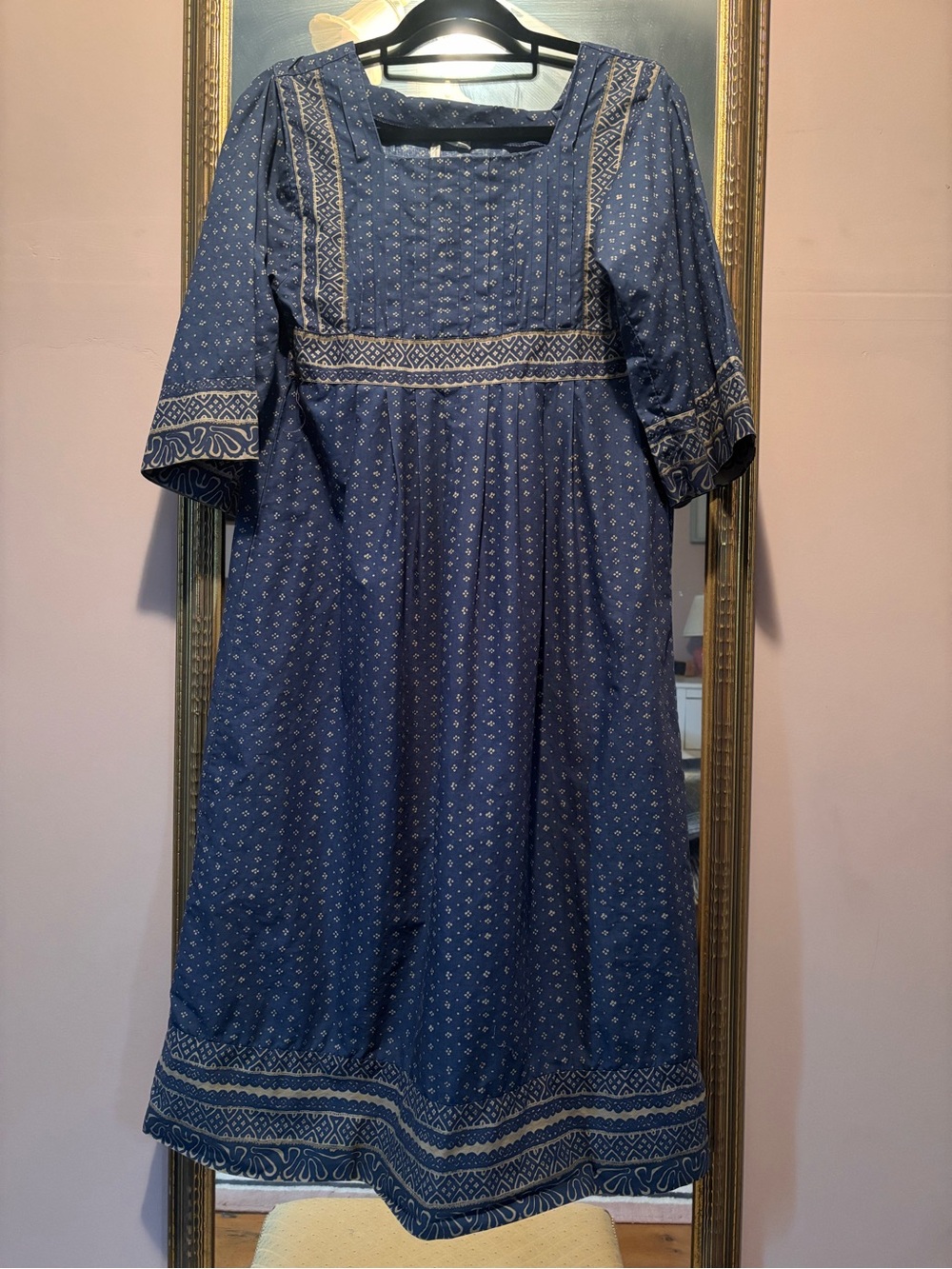 Vintage Marimekko Finnish Indigo Midi Cotton Dress with Cream Geometric Trim